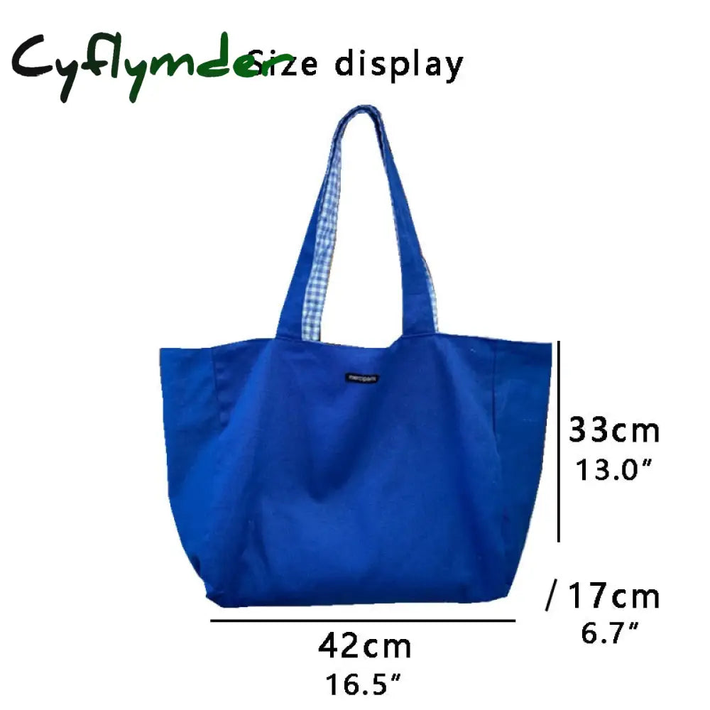 Cyflymder Women Shoulder Bag Canvas Tote Bags Girl Fashion Casual Solid Color Plaid Shopper Large