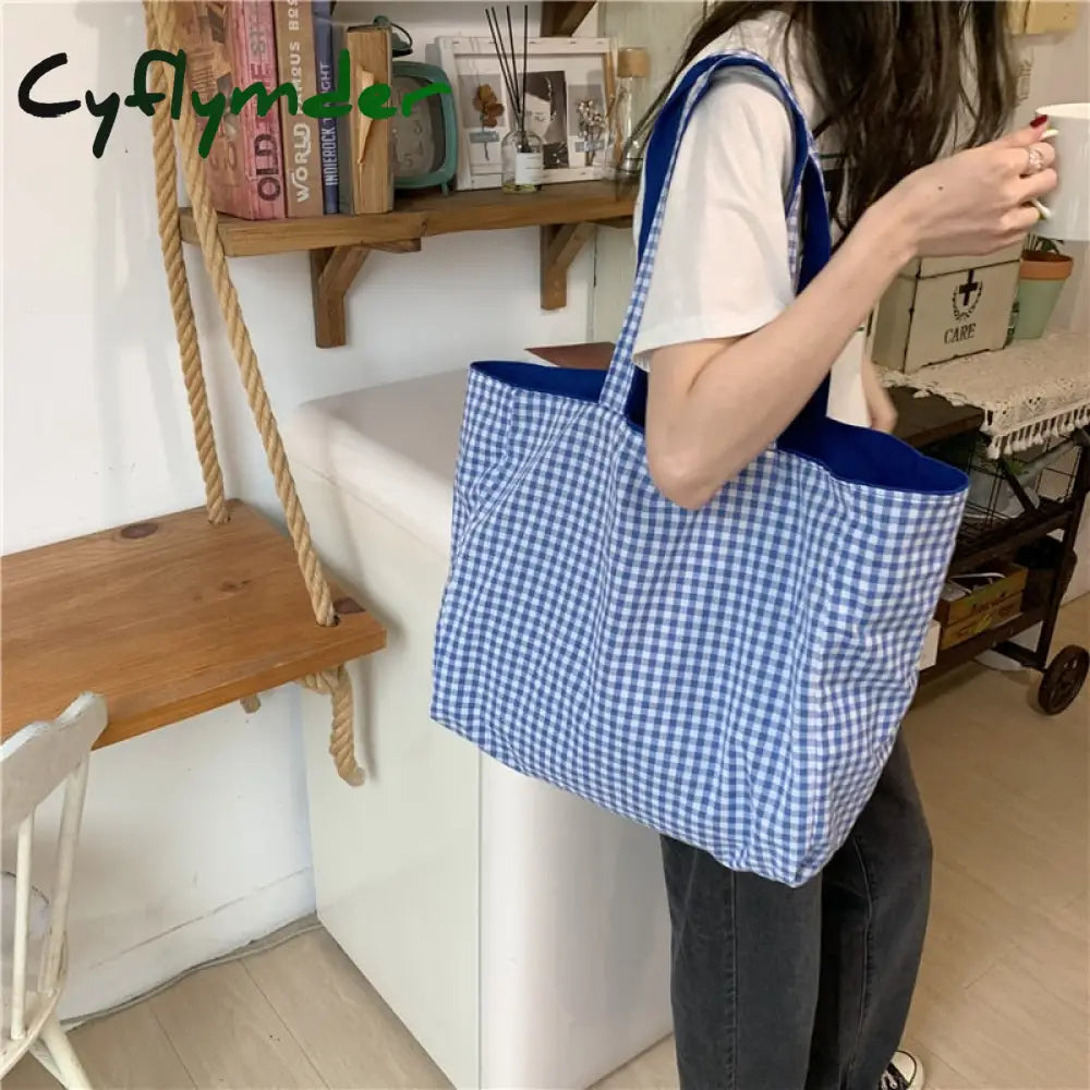 Cyflymder Women Shoulder Bag Canvas Tote Bags Girl Fashion Casual Solid Color Plaid Shopper Large