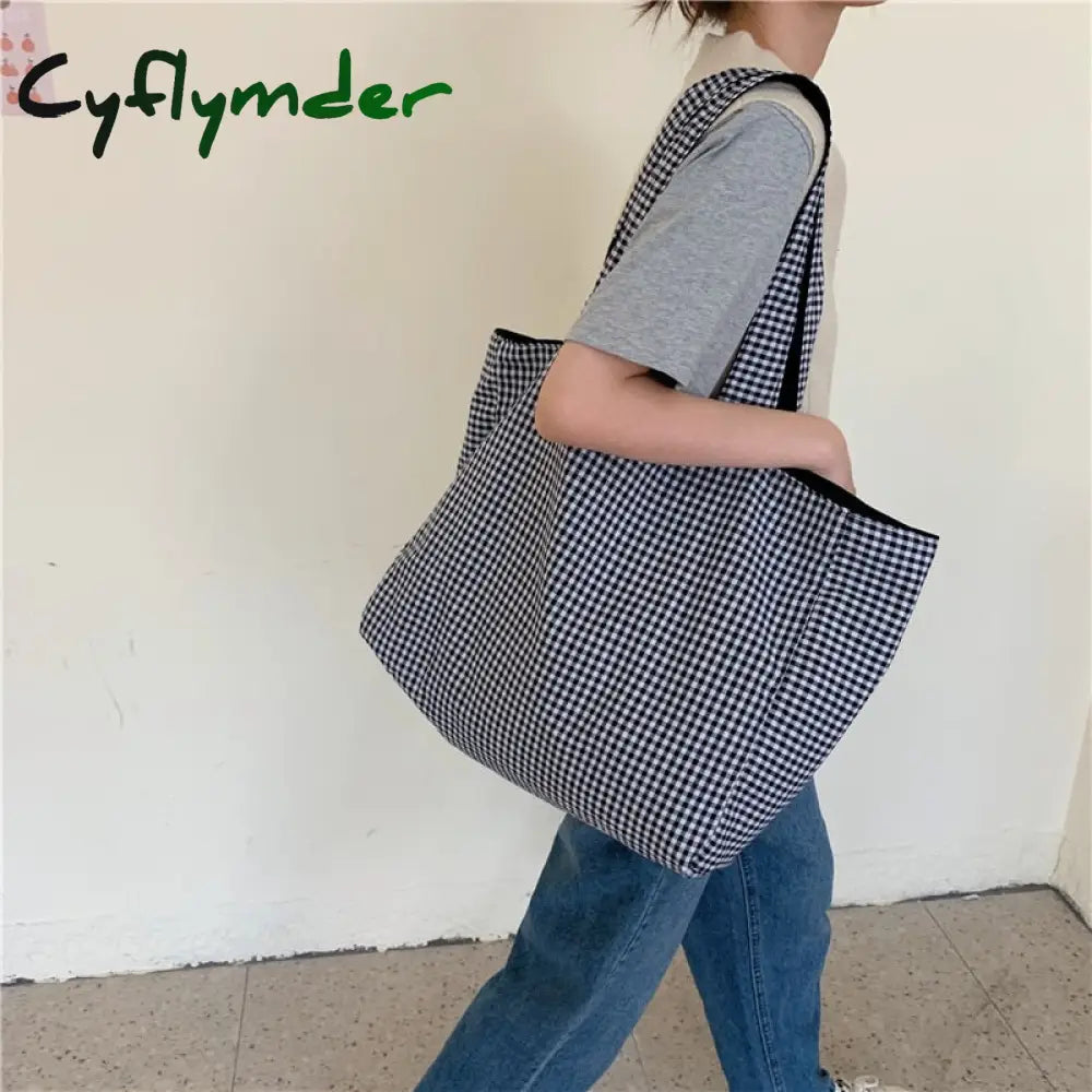 Cyflymder Women Shoulder Bag Canvas Tote Bags Girl Fashion Casual Solid Color Plaid Shopper Large