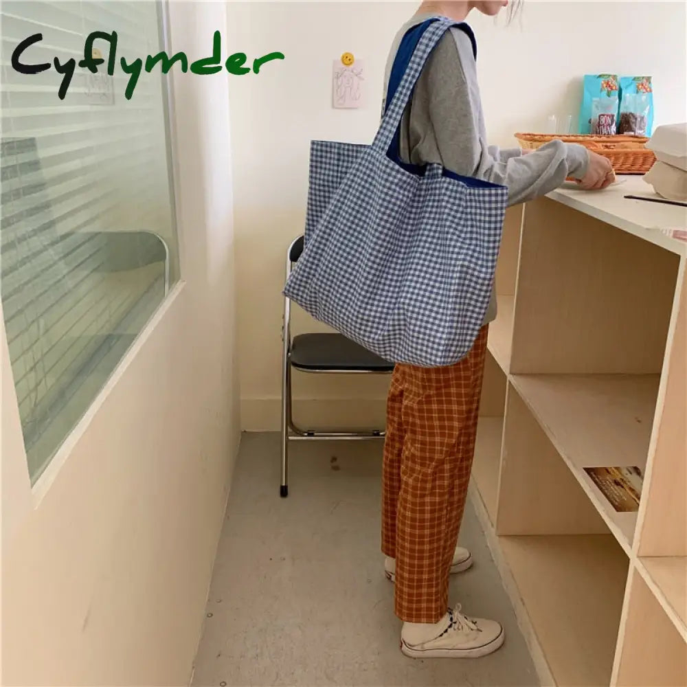 Cyflymder Women Shoulder Bag Canvas Tote Bags Girl Fashion Casual Solid Color Plaid Shopper Large