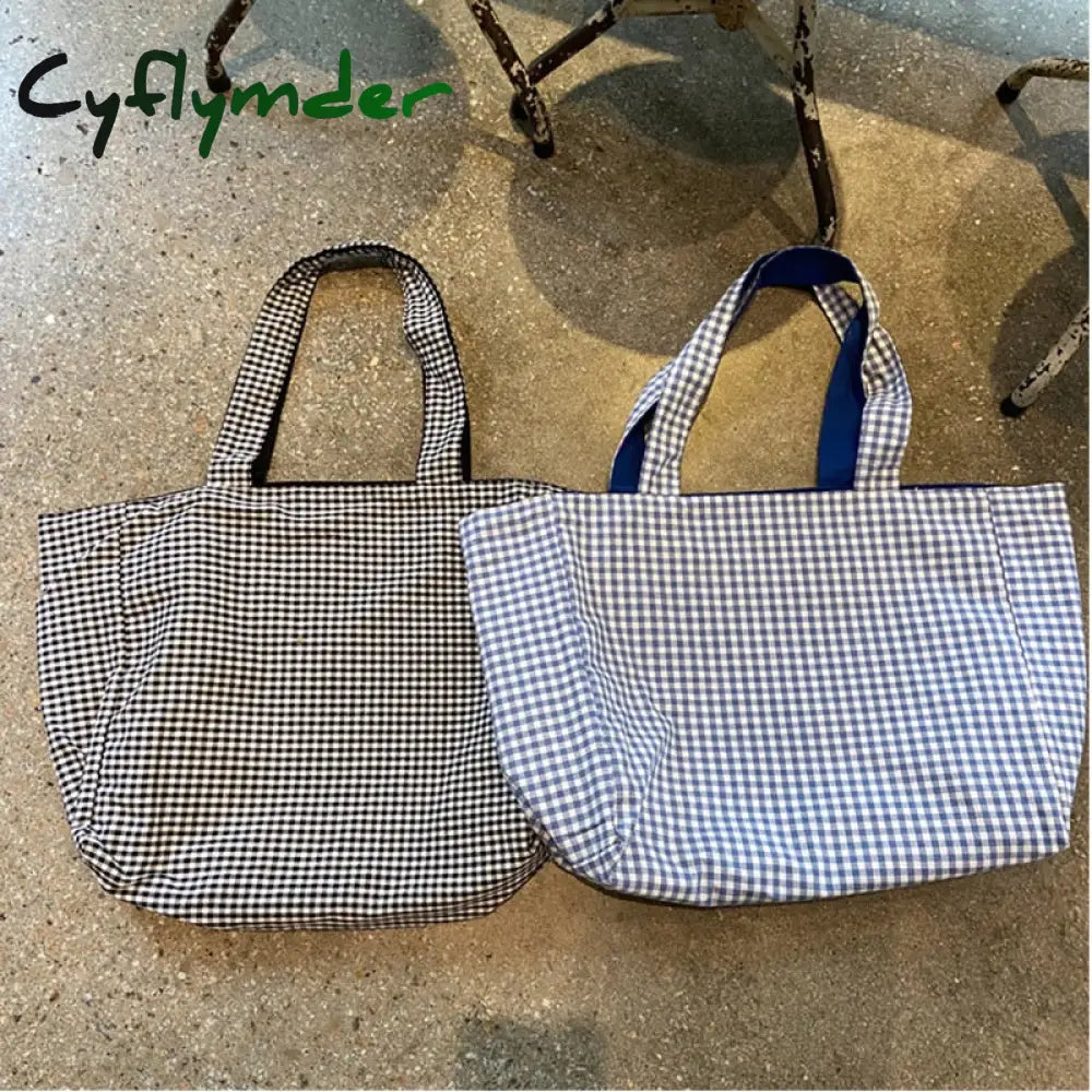 Cyflymder Women Shoulder Bag Canvas Tote Bags Girl Fashion Casual Solid Color Plaid Shopper Large