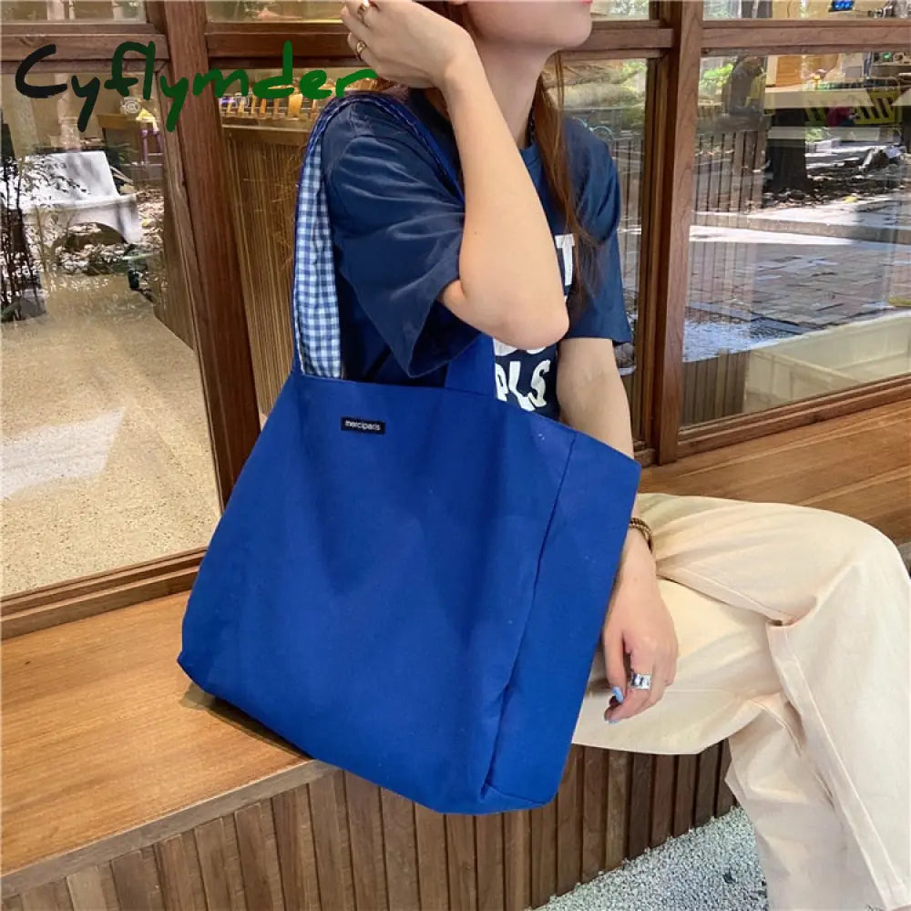 Cyflymder Women Shoulder Bag Canvas Tote Bags Girl Fashion Casual Solid Color Plaid Shopper Large