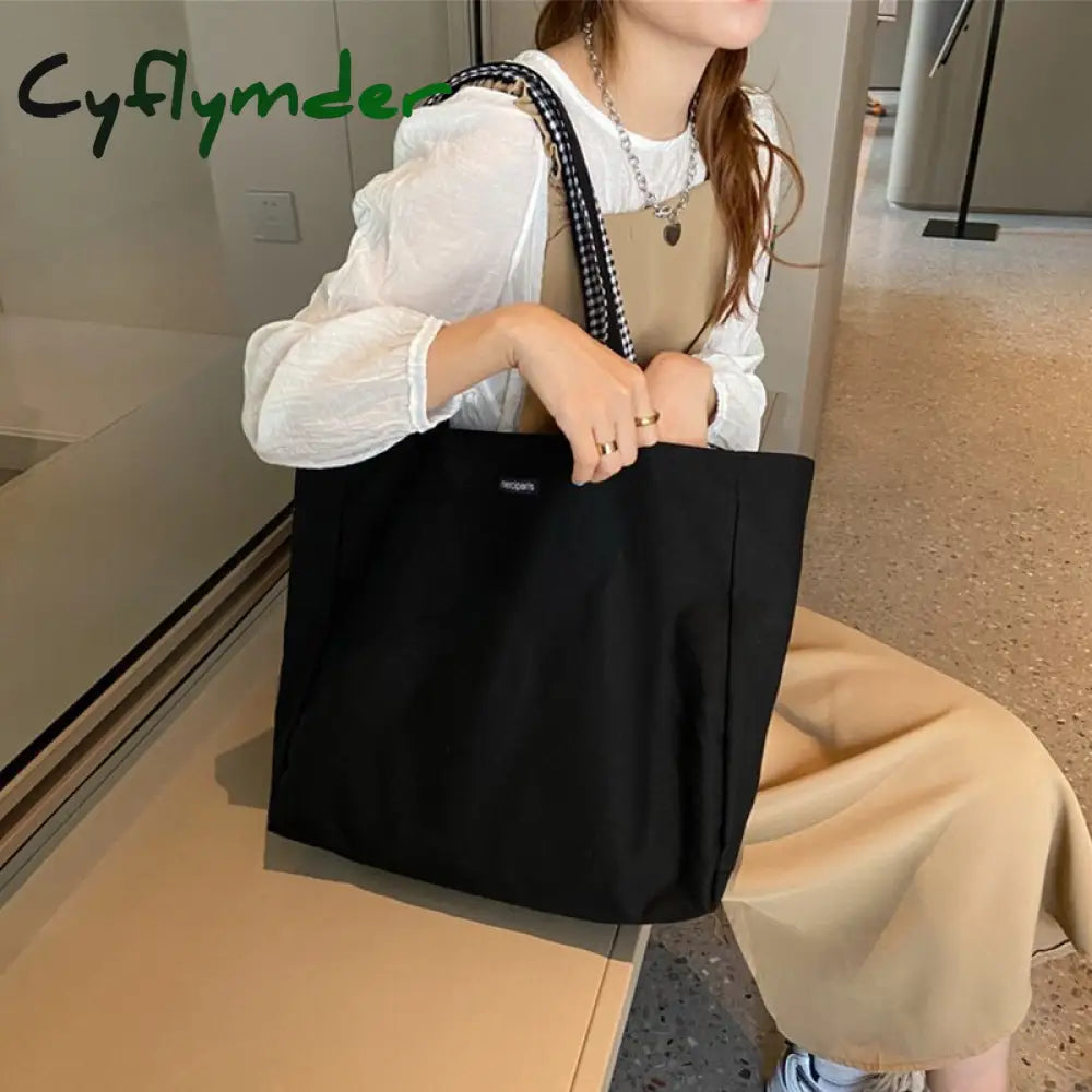 Cyflymder Women Shoulder Bag Canvas Tote Bags Girl Fashion Casual Solid Color Plaid Shopper Large