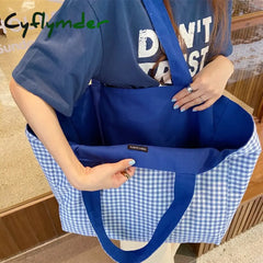 Cyflymder Women Shoulder Bag Canvas Tote Bags Girl Fashion Casual Solid Color Plaid Shopper Large