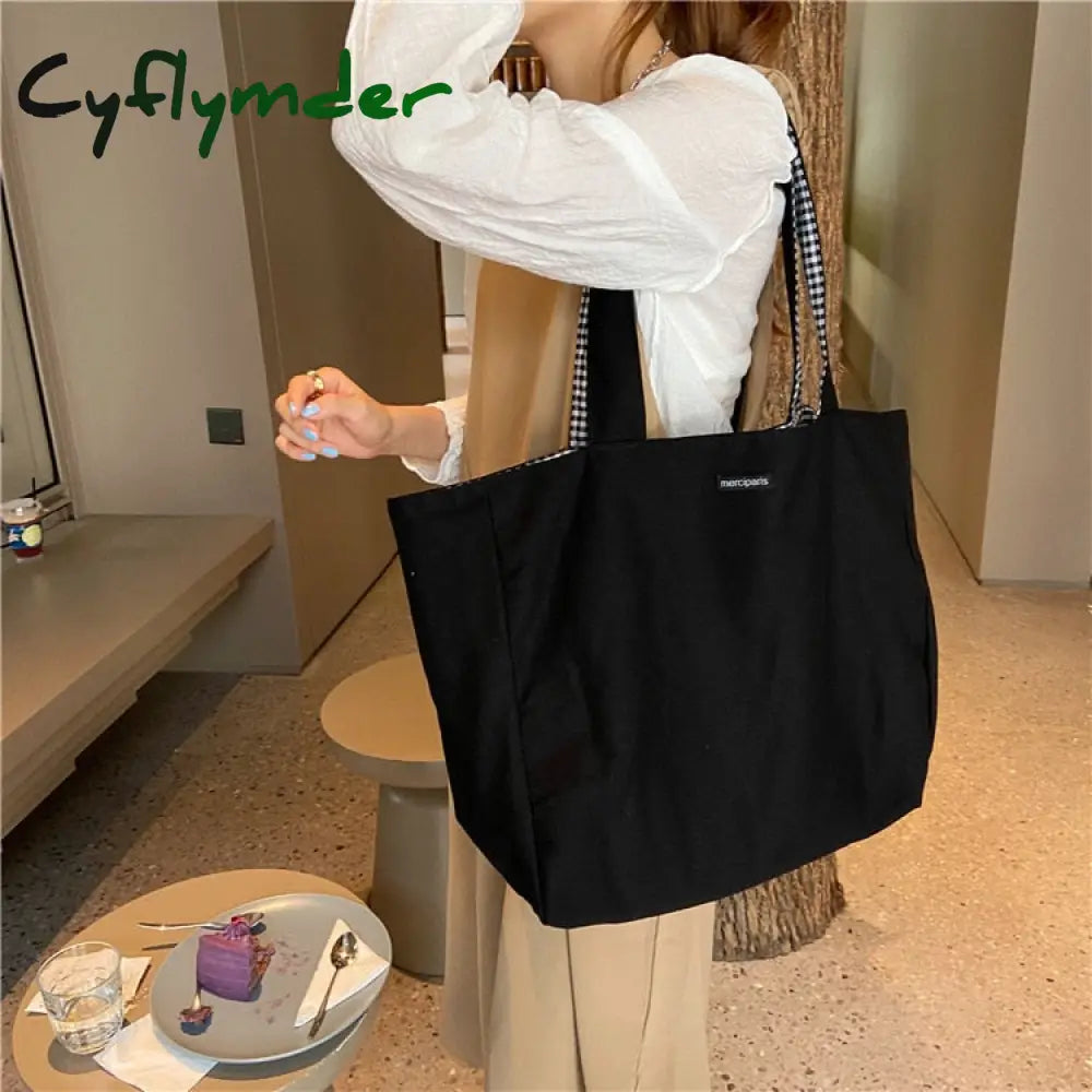 Cyflymder Women Shoulder Bag Canvas Tote Bags Girl Fashion Casual Solid Color Plaid Shopper Large