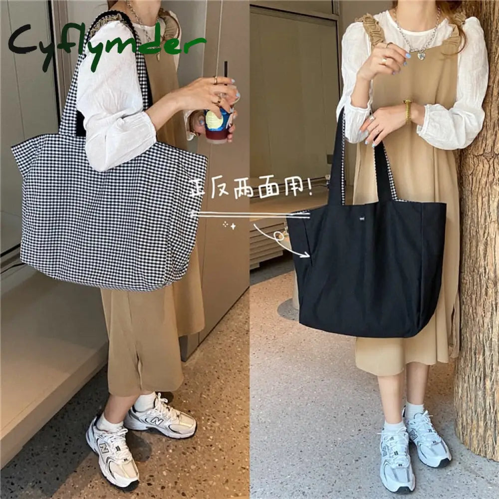 Cyflymder Women Shoulder Bag Canvas Tote Bags Girl Fashion Casual Solid Color Plaid Shopper Large