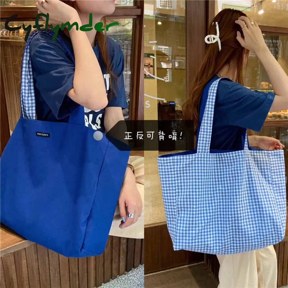 Cyflymder Women Shoulder Bag Canvas Tote Bags Girl Fashion Casual Solid Color Plaid Shopper Large