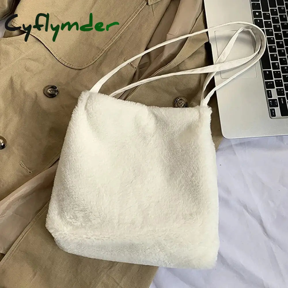 Cyflymder Women Shoulder Bags Winter Large Capacity Convenient Portable Solid Hasp Fluffy Shopping