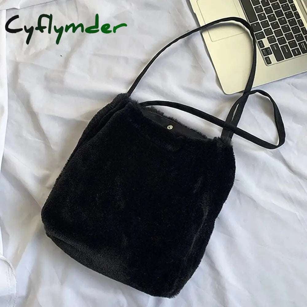 Cyflymder Women Shoulder Bags Winter Large Capacity Convenient Portable Solid Hasp Fluffy Shopping