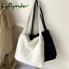 Cyflymder Women Shoulder Bags Winter Large Capacity Convenient Portable Solid Hasp Fluffy Shopping