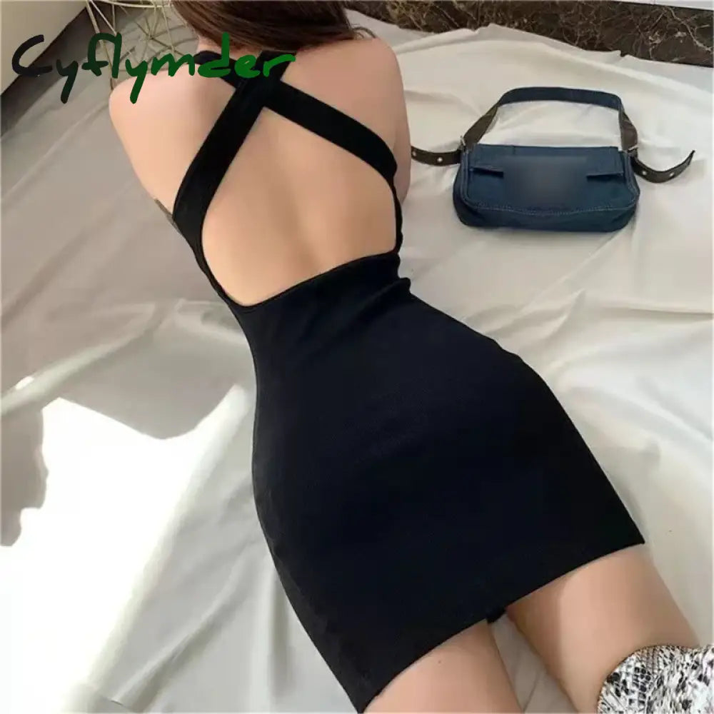 Cyflymder Women Sleeveless Halter Collar Short Dress Solid Color Crisscross Backless Package Hip