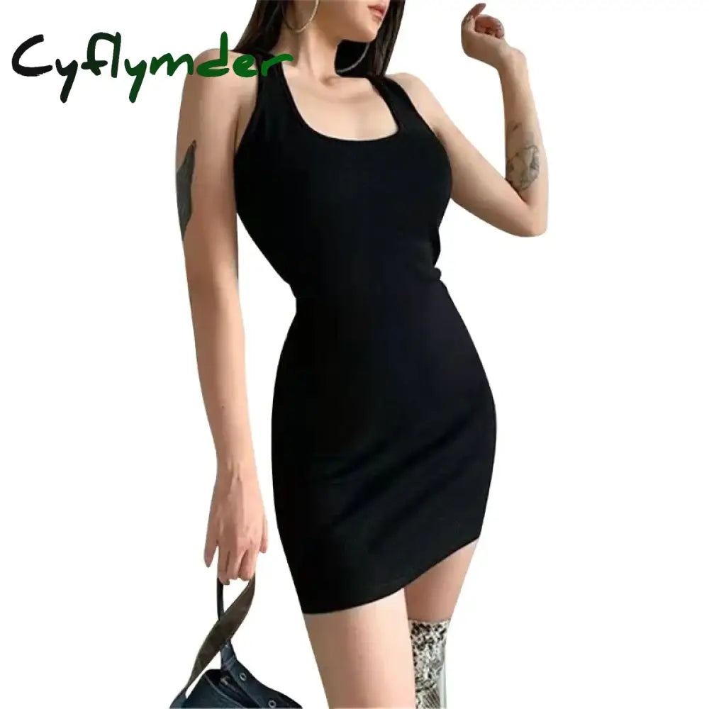 Cyflymder Women Sleeveless Halter Collar Short Dress Solid Color Crisscross Backless Package Hip