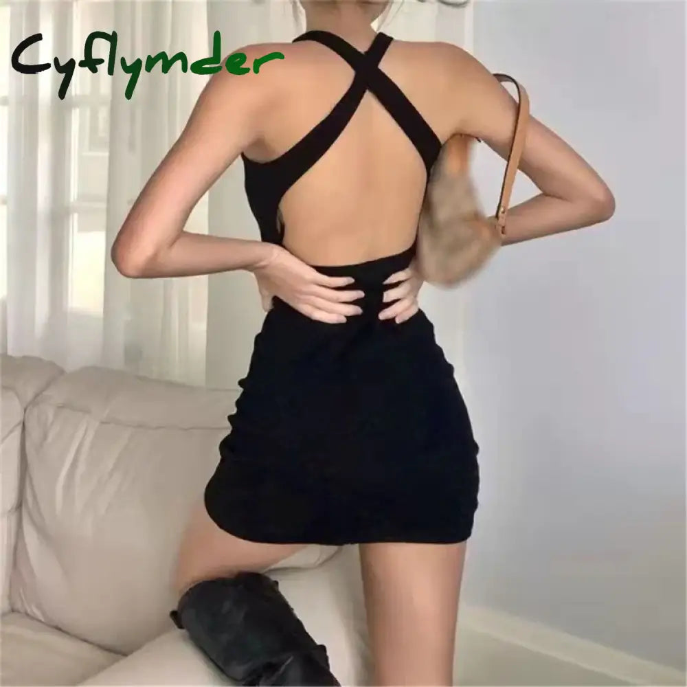 Cyflymder Women Sleeveless Halter Collar Short Dress Solid Color Crisscross Backless Package Hip