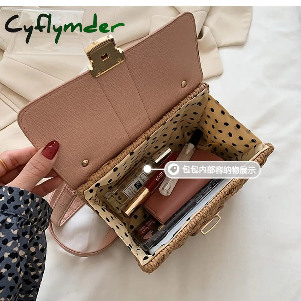 Cyflymder Women Square Tote Bag Summer New High-Quality Straw Women’s Designer Handbag Travel