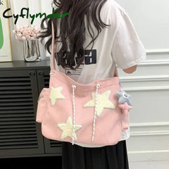 Cyflymder Women Star Pattern Corduroy Crossbody Bag Casual Tote Lady Simple Large Capacity Shoulder