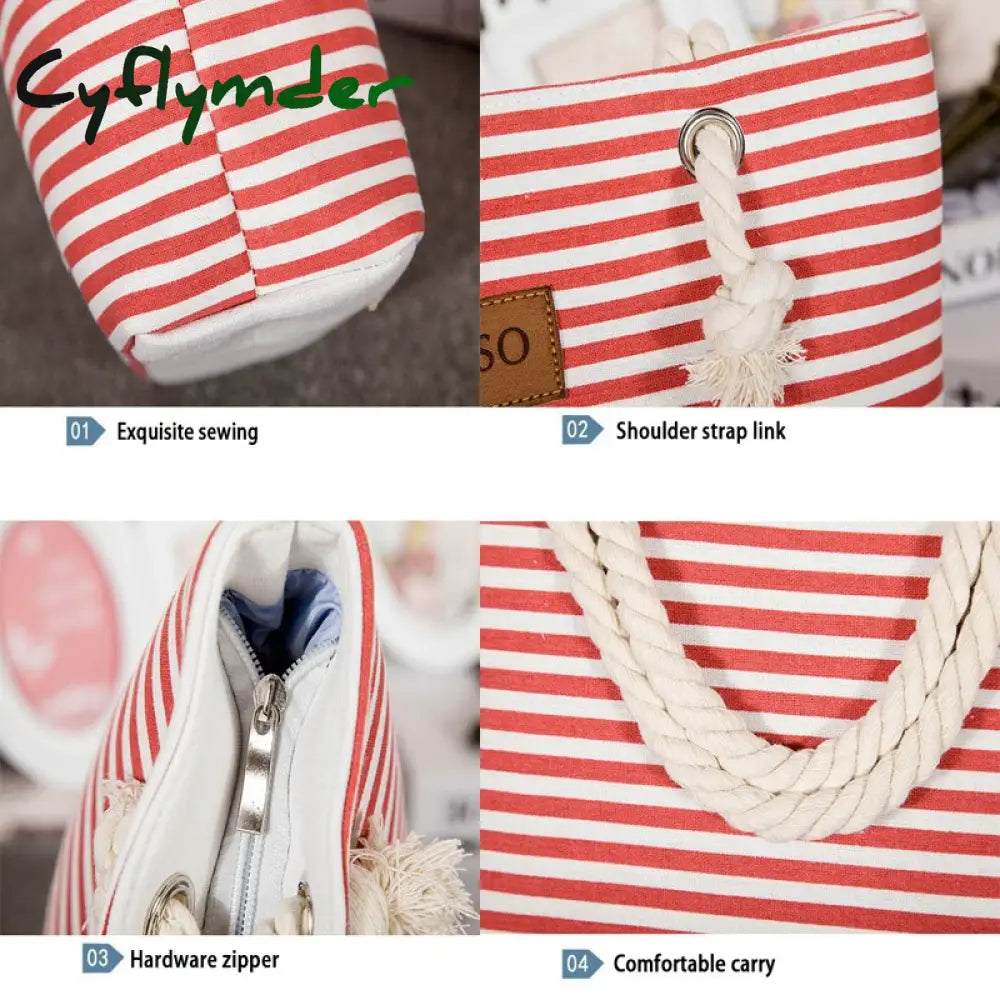 Cyflymder Women Stripes Canvas Beach Bag Large Capacity Female Zipper Shoulder Ladies Polyester