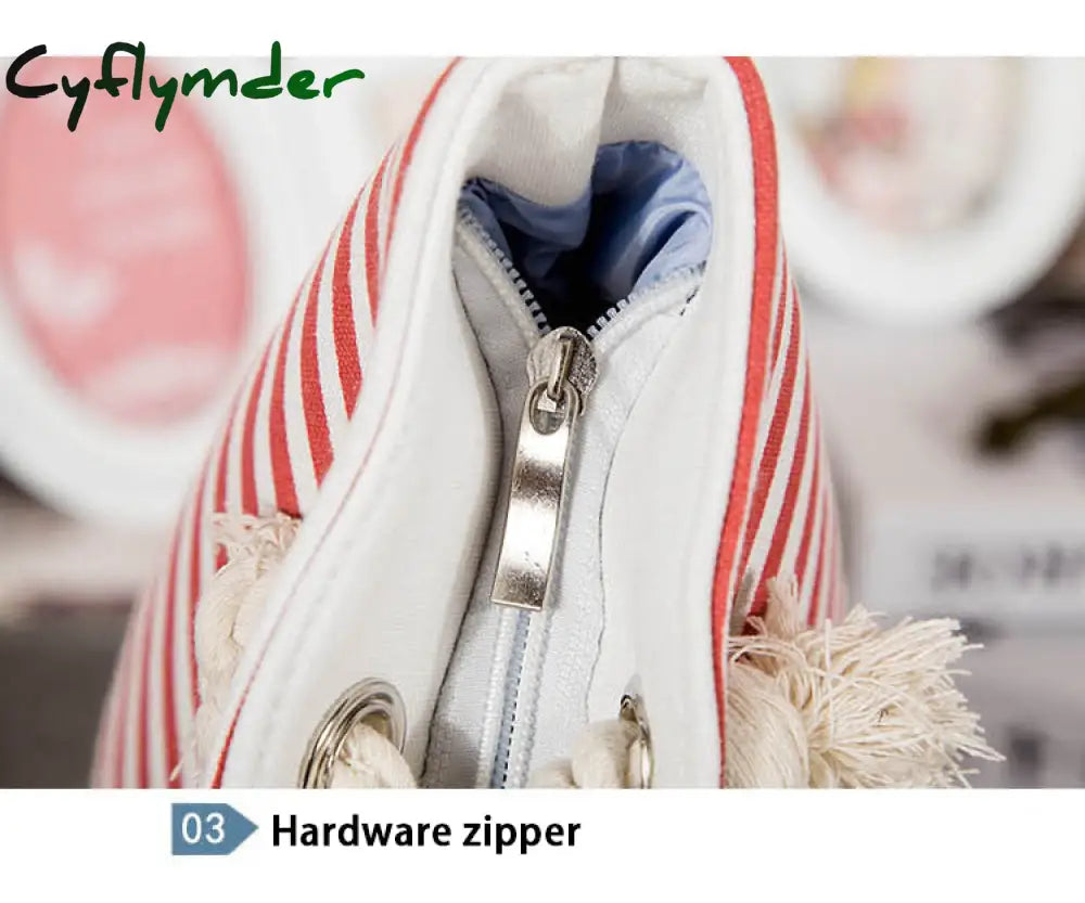 Cyflymder Women Stripes Canvas Beach Bag Large Capacity Female Zipper Shoulder Ladies Polyester