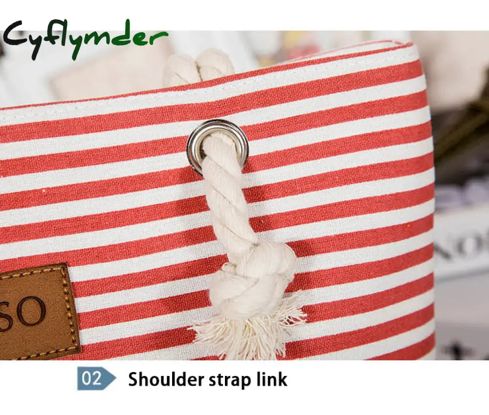 Cyflymder Women Stripes Canvas Beach Bag Large Capacity Female Zipper Shoulder Ladies Polyester