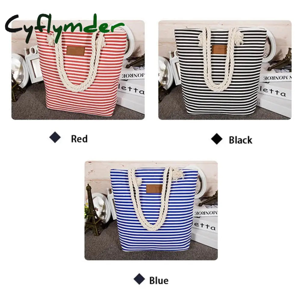 Cyflymder Women Stripes Canvas Beach Bag Large Capacity Female Zipper Shoulder Ladies Polyester