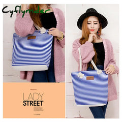 Cyflymder Women Stripes Canvas Beach Bag Large Capacity Female Zipper Shoulder Ladies Polyester