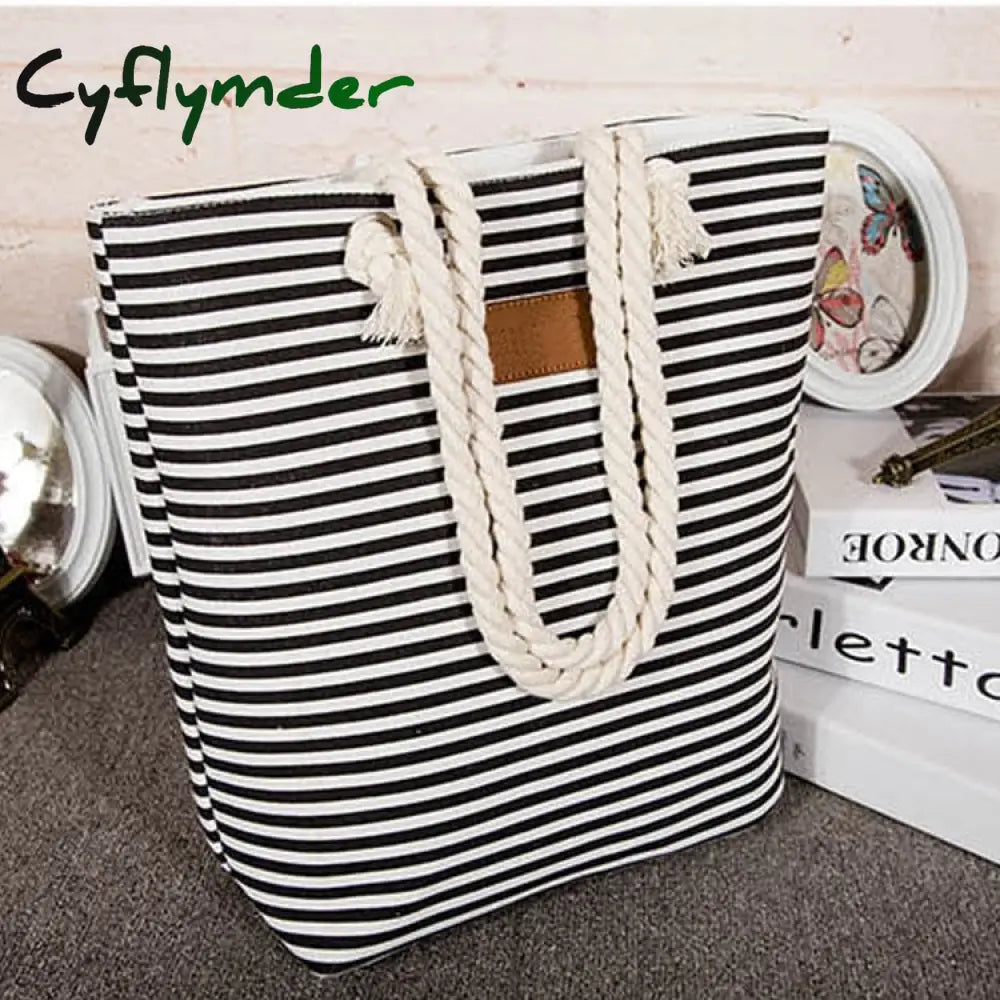 Cyflymder Women Stripes Canvas Beach Bag Large Capacity Female Zipper Shoulder Ladies Polyester