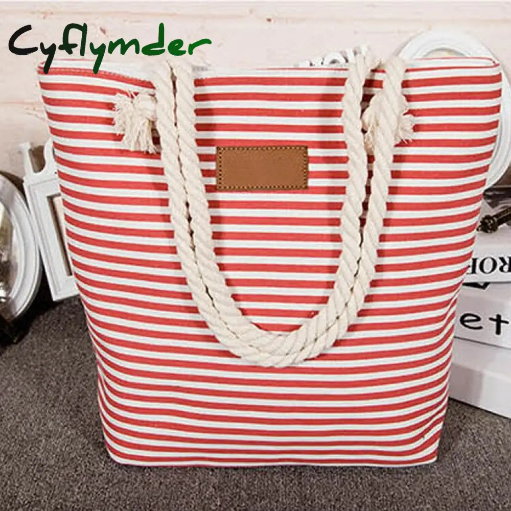 Cyflymder Women Stripes Canvas Beach Bag Large Capacity Female Zipper Shoulder Ladies Polyester