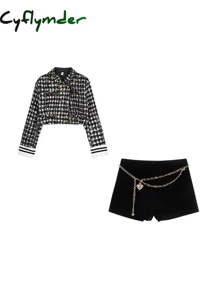 Cyflymder Women Suit Autumn/Winter New Small Fragrant Style Plaid Long Sleeve Slim Short Coat High Waist Wrap Hip