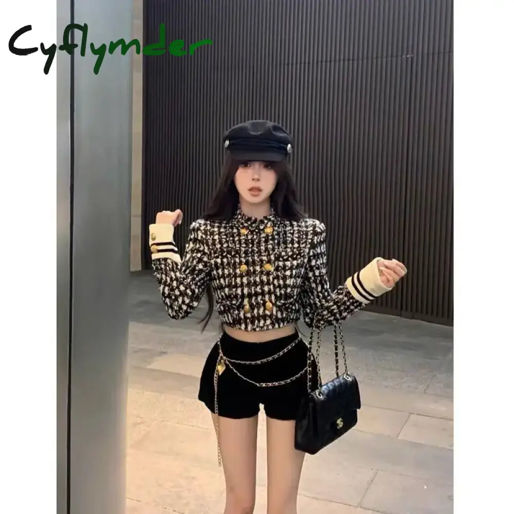 Cyflymder Women Suit Autumn/Winter New Small Fragrant Style Plaid Long Sleeve Slim Short Coat High Waist Wrap Hip