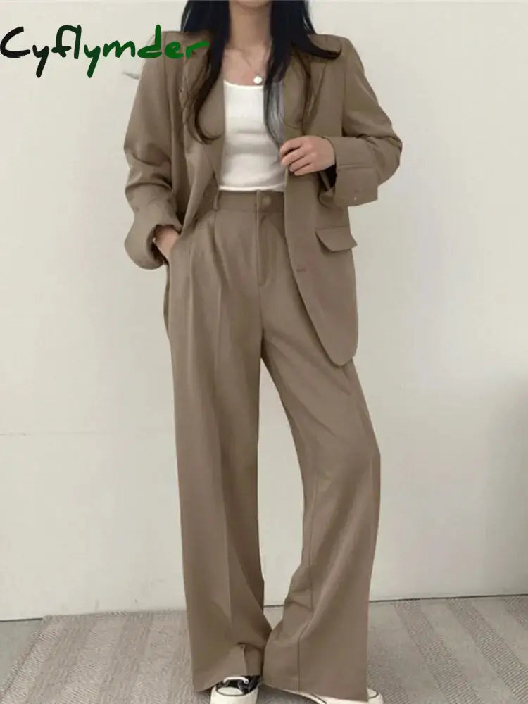 Cyflymder Women Suit Jacket Trousers Set Full Sleeve Single Breasted Pants Solid Elegant Commuter