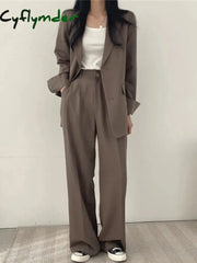 Cyflymder Women Suit Jacket Trousers Set Full Sleeve Single Breasted Pants Solid Elegant Commuter