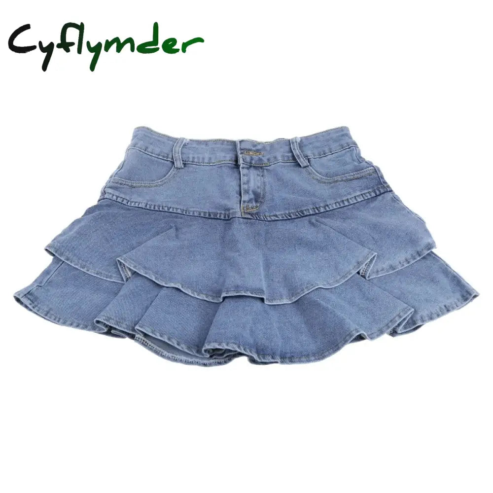 Cyflymder Women Summer High Waist A-Line Mini Cake Jeans Skirt Vintage Washed Pleated Ruffles