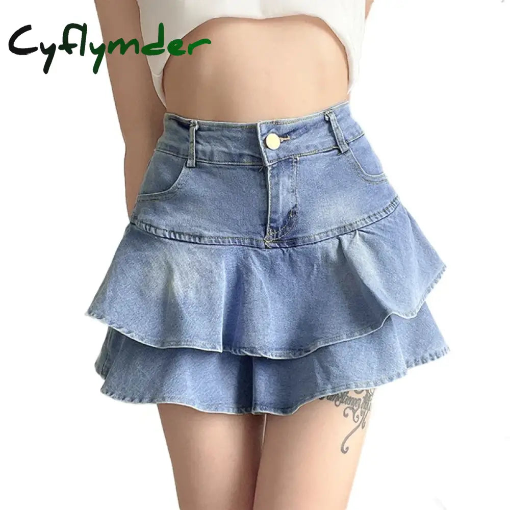 Cyflymder Women Summer High Waist A-Line Mini Cake Jeans Skirt Vintage Washed Pleated Ruffles