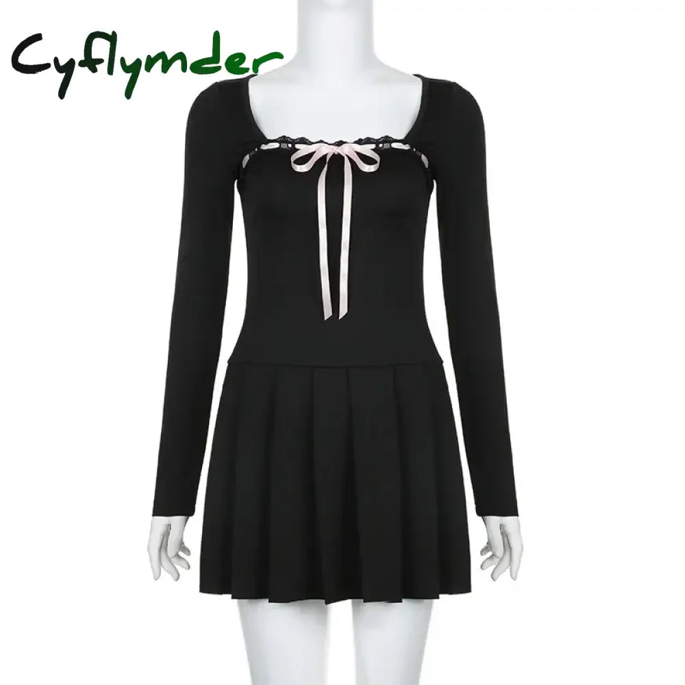 Cyflymder Women Sweet Lace Trim Bow Pleated Dress Mini Coquette Korean Fashion Square Neck Autumn Dress Clothes Kawaii