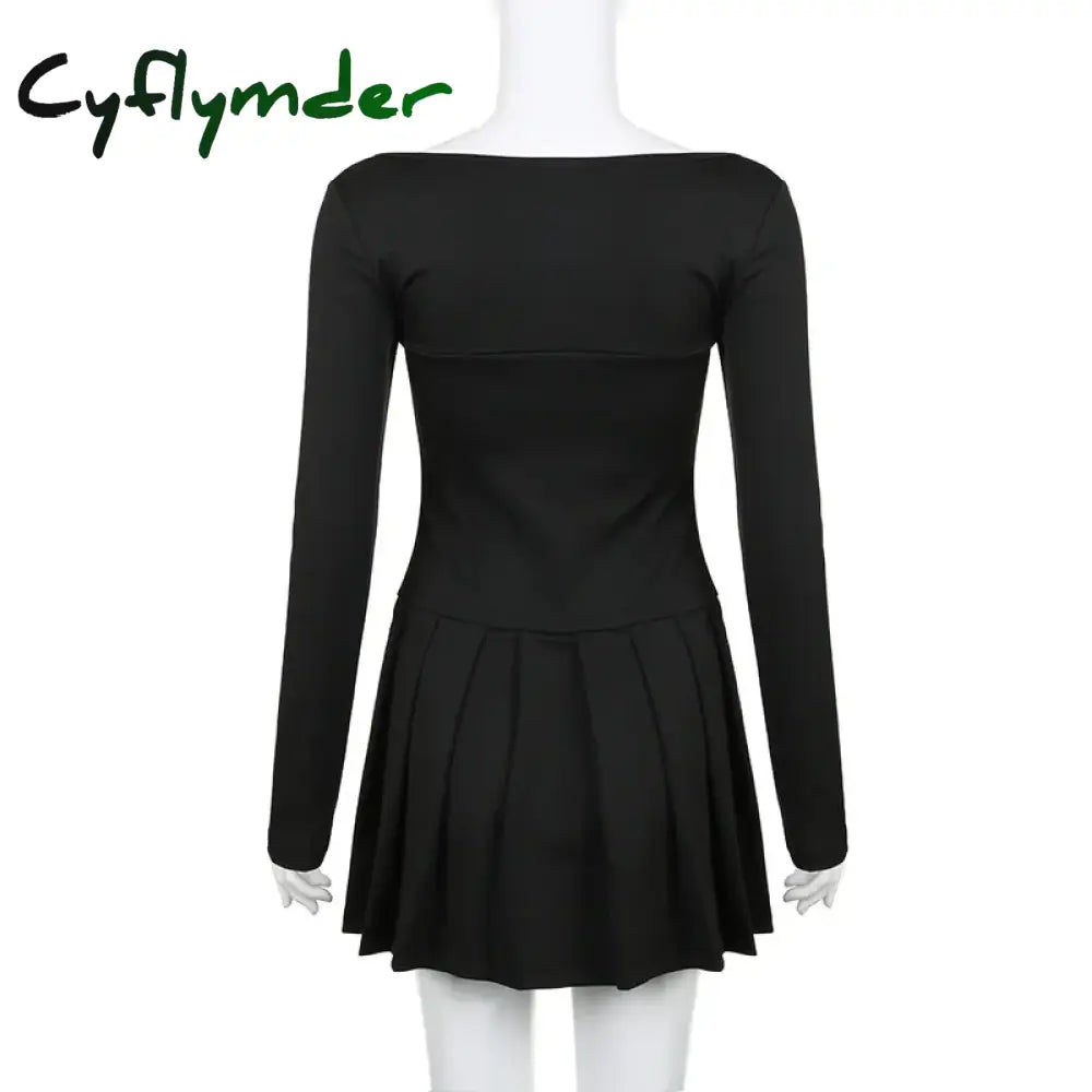 Cyflymder Women Sweet Lace Trim Bow Pleated Dress Mini Coquette Korean Fashion Square Neck Autumn Dress Clothes Kawaii