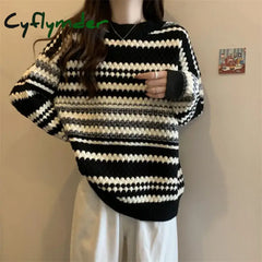 Cyflymder Women Trendy Casual Streetwear Oversized Y2K Thick Knitted Sweater Autumn Winter Striped