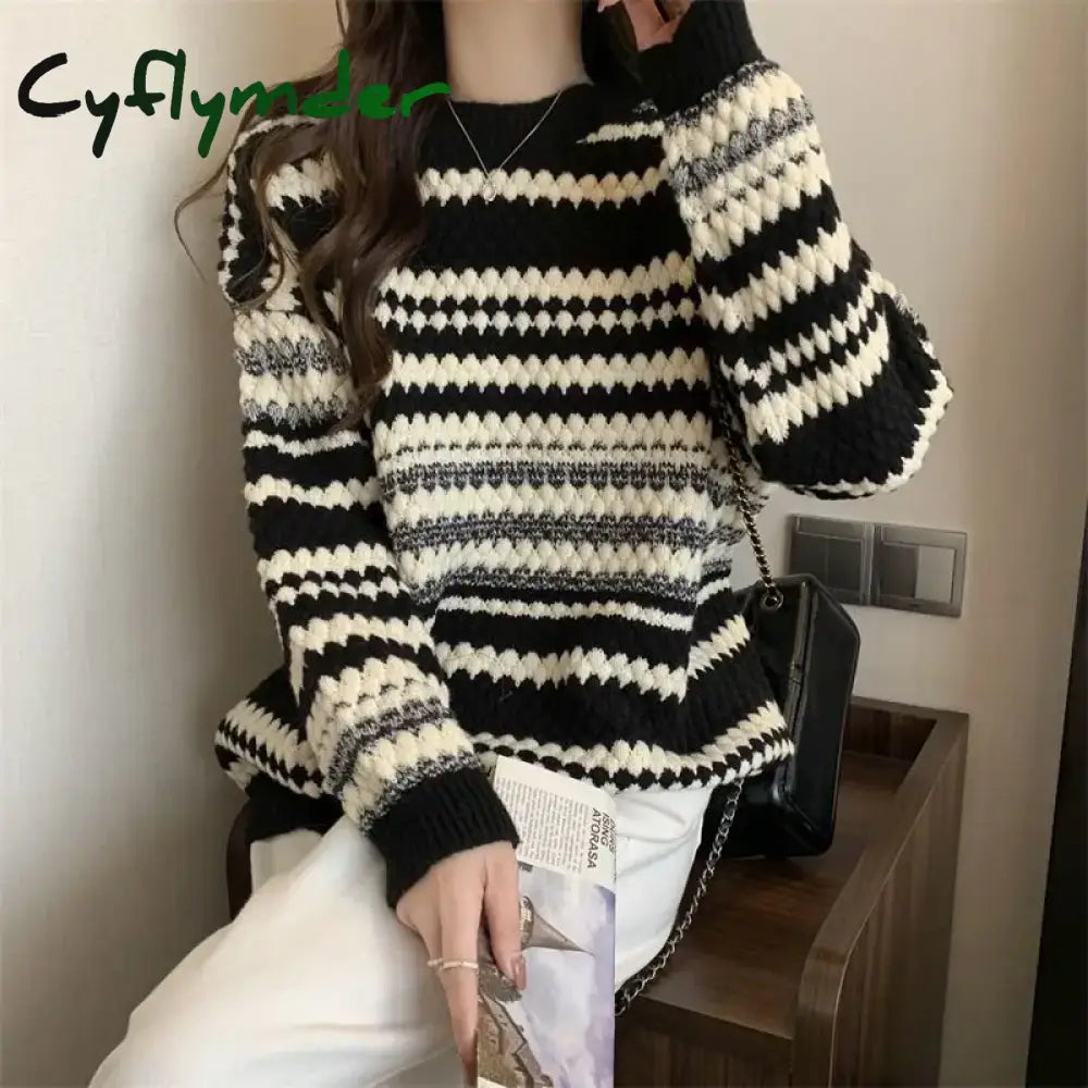 Cyflymder Women Trendy Casual Streetwear Oversized Y2K Thick Knitted Sweater Autumn Winter Striped