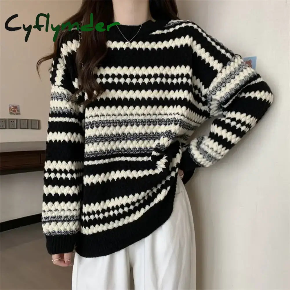 Women Trendy Casual Streetwear Oversized Y2K Thick Knitted Sweater Autumn Winter Striped Long Sleeve Pullover Tops Retro Jumpers