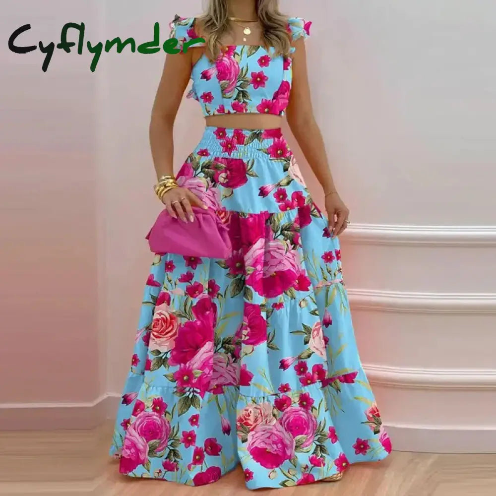 Women Two Piece Set Solid Beach Bohemian Long Skirt Strapless Crop Top Cascanding Ruffles Long Skirt Suit Outfits