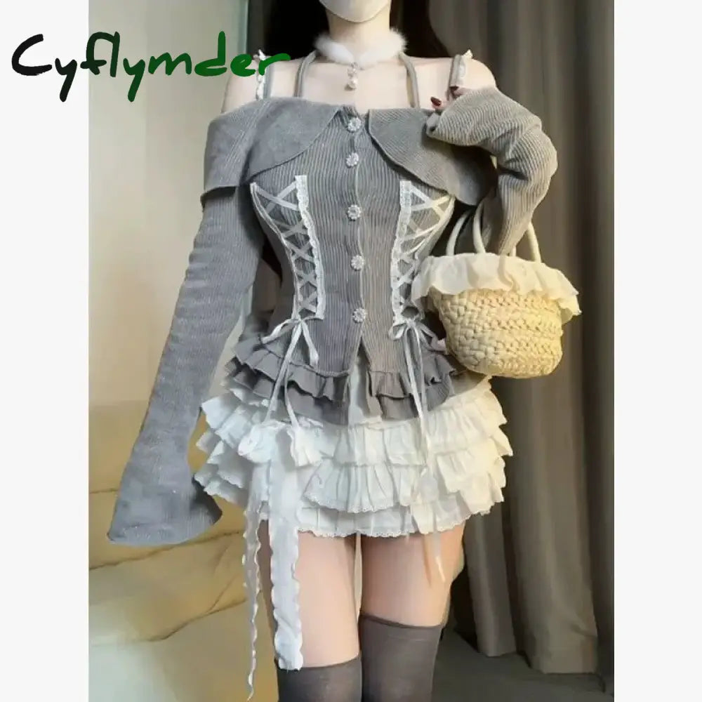 Cyflymder Women Vintage 2000s Aesthetic Cutecore Korean Outfits 2 Piece Set Mori Long Sleeve Slash Neck Tops + Gyaru