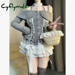 Cyflymder Women Vintage 2000s Aesthetic Cutecore Korean Outfits 2 Piece Set Mori Long Sleeve Slash Neck Tops + Gyaru