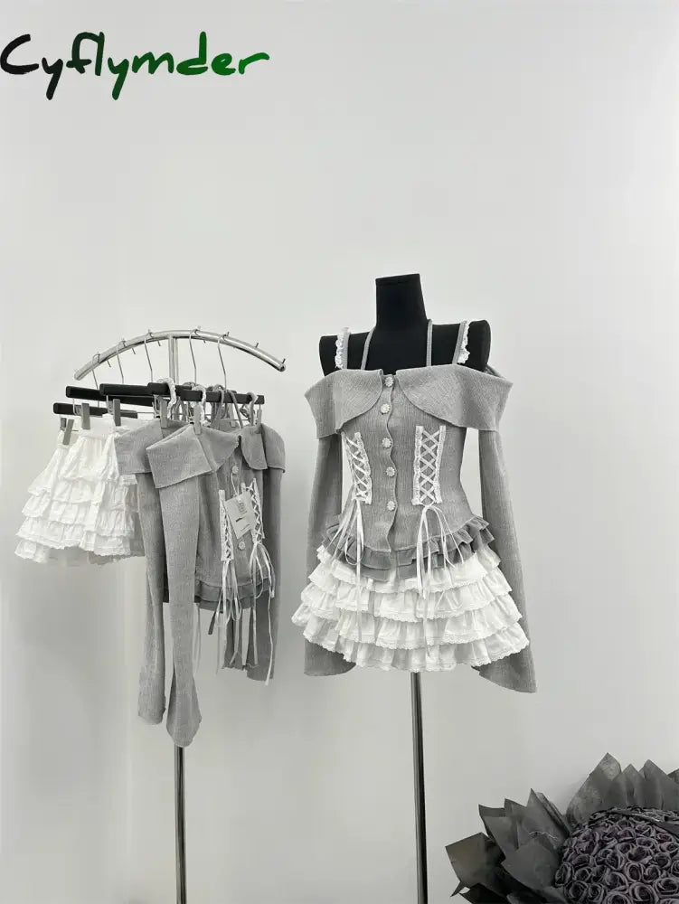 Cyflymder Women Vintage 2000s Aesthetic Cutecore Korean Outfits 2 Piece Set Mori Long Sleeve Slash Neck Tops + Gyaru