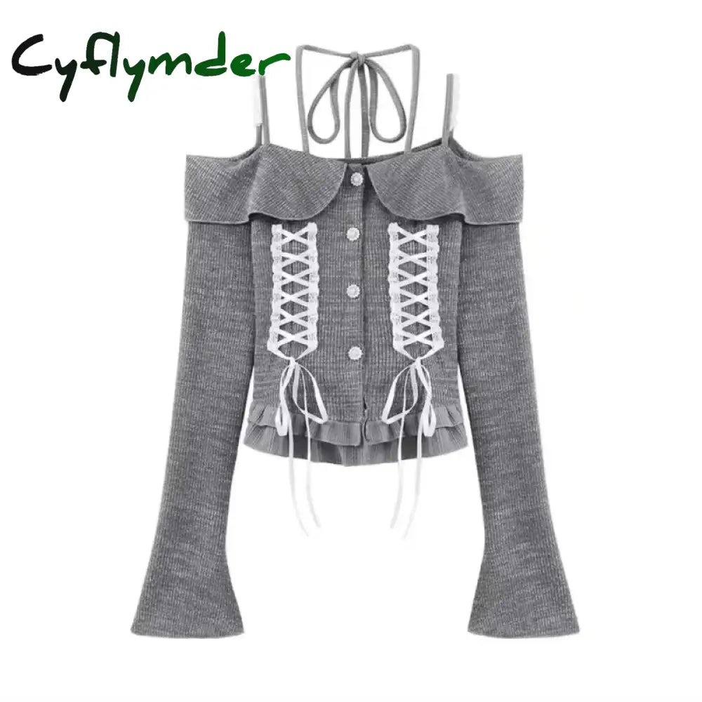 Cyflymder Women Vintage 2000s Aesthetic Cutecore Korean Outfits 2 Piece Set Mori Long Sleeve Slash Neck Tops + Gyaru