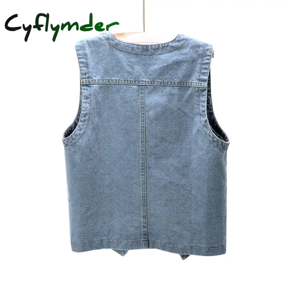 Cyflymder Women Vintage Denim Waistcoat Jacket 2024 Spring New Female Short Slim Sleeveless Coat