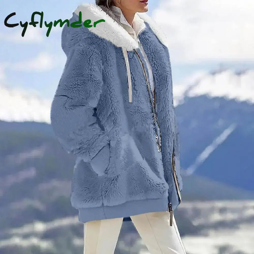 Cyflymder Women Winter Coat Solid Color Long Sleeves Zipper Cardigan Loose Warm Furry Plush Plus