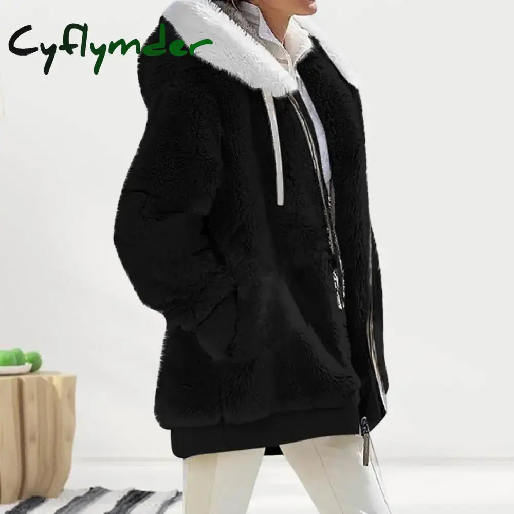 Cyflymder Women Winter Coat Solid Color Long Sleeves Zipper Cardigan Loose Warm Furry Plush Plus