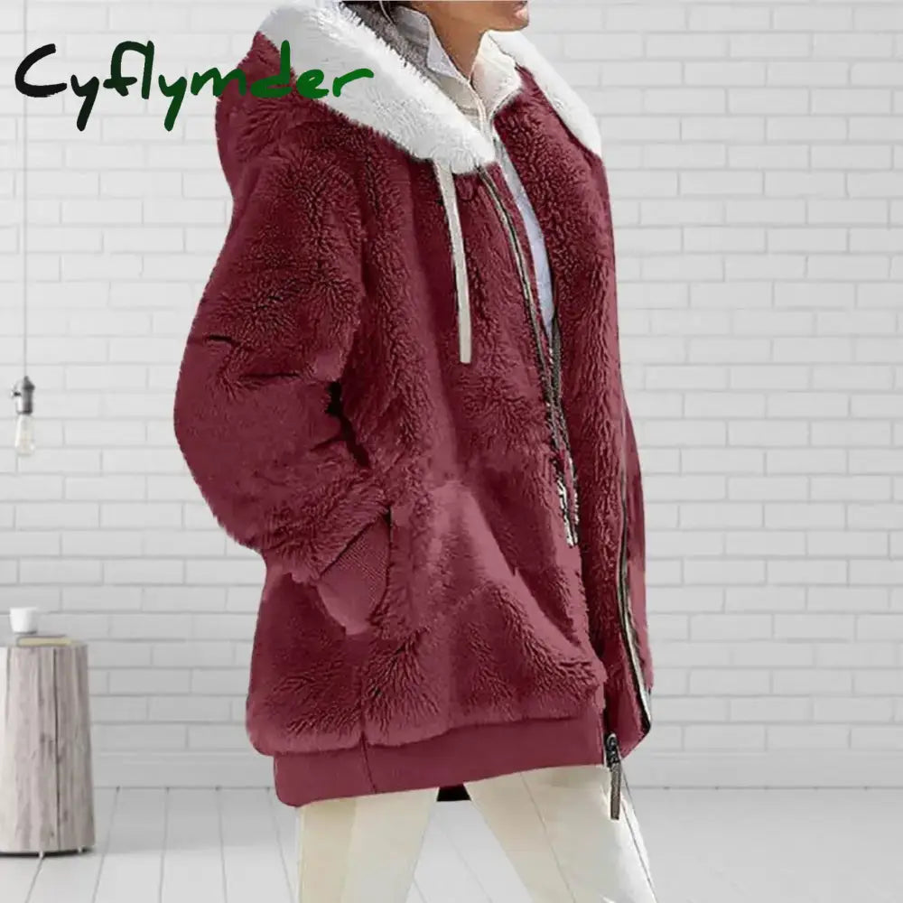 Cyflymder Women Winter Coat Solid Color Long Sleeves Zipper Cardigan Loose Warm Furry Plush Plus