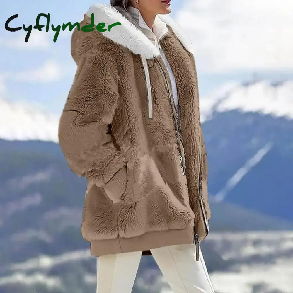 Cyflymder Women Winter Coat Solid Color Long Sleeves Zipper Cardigan Loose Warm Furry Plush Plus