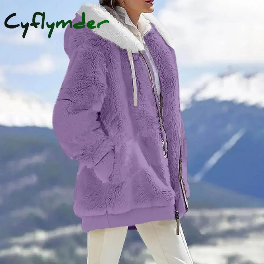 Cyflymder Women Winter Coat Solid Color Long Sleeves Zipper Cardigan Loose Warm Furry Plush Plus