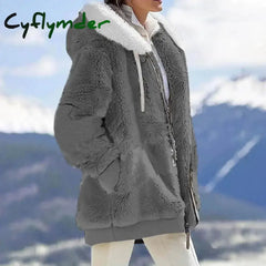 Cyflymder Women Winter Coat Solid Color Long Sleeves Zipper Cardigan Loose Warm Furry Plush Plus