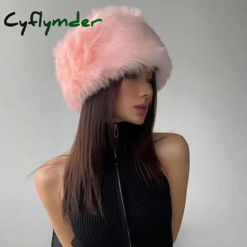 Cyflymder Women Winter Faux Fur Hat Cossack Russian Style Fuzzy Fluffy Cap Y2K 2000s Warm Hat for Female Outdoor